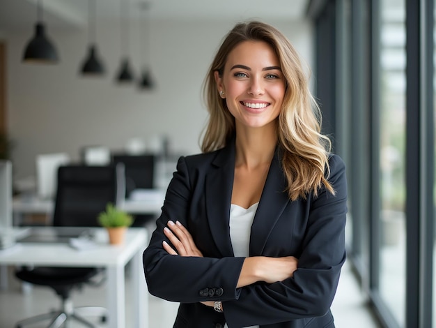 Photo smiling business woman with arms crossed portrait