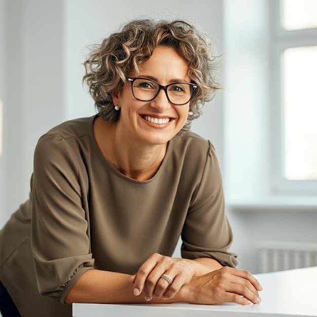 a smiling business woman with glasses