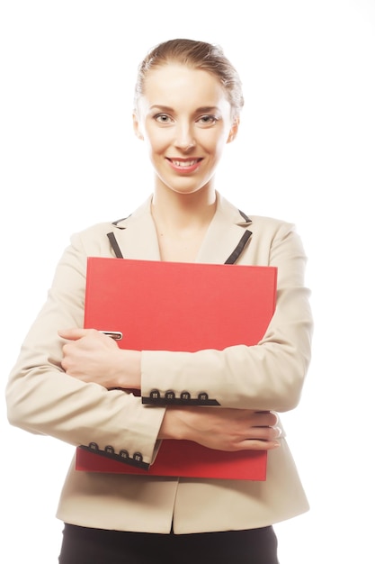 Smiling business woman with red folder