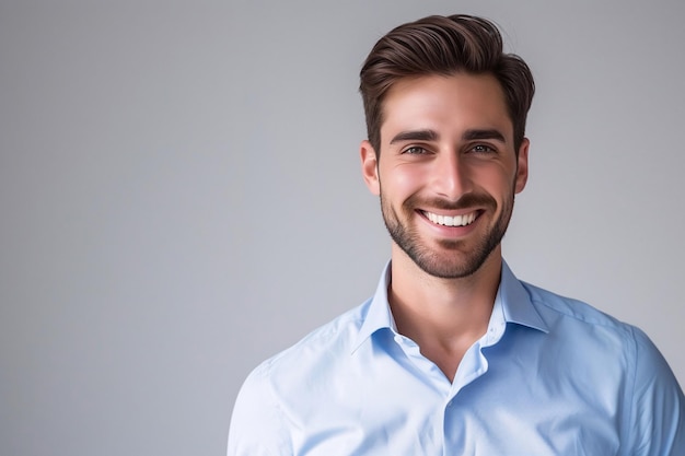 Smiling Businessman in Blue Shirt on Grey Background Generative AI