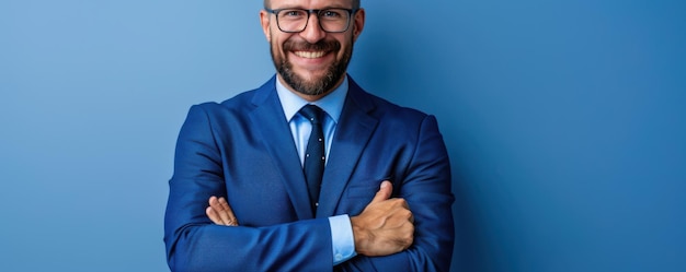 Photo a smiling businessman dressed in a blue suit confidently posing with arms crossed against a blue background representing success and professionalism