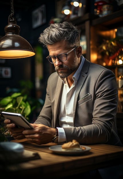 smiling businessman in eyeglasses sitting by the table in cafe with laptop computer while using smar