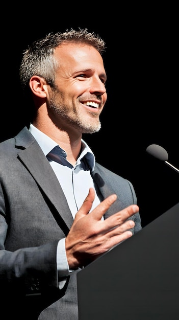 Photo smiling businessman giving a speech with microphone