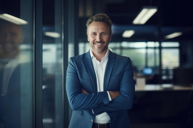 Smiling Businessman in Glass Office AI Generated