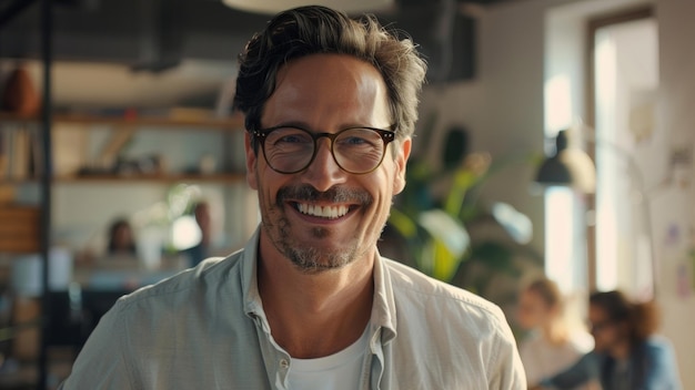 Smiling businessman in a lively office a portrait of success and positivity