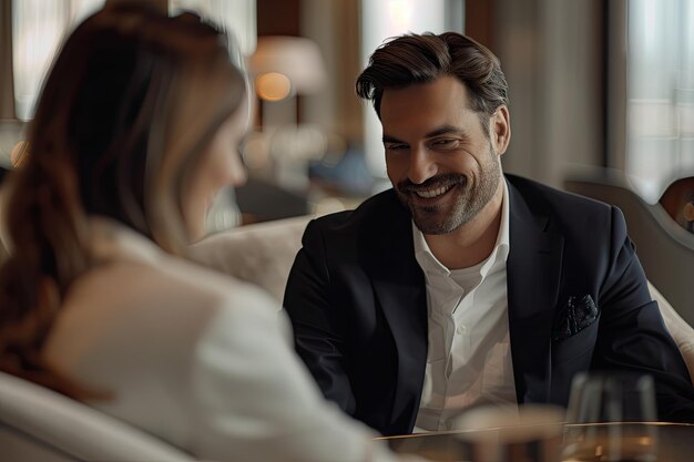 Smiling businessman looking at female colleague discussing while sitting in hotel lounge