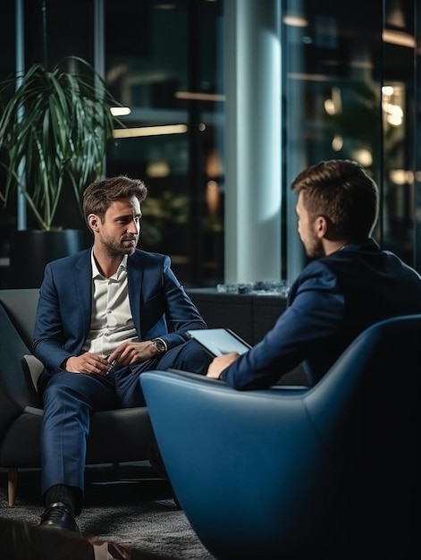 Photo smiling businessman people sitting on armchair and talking in office