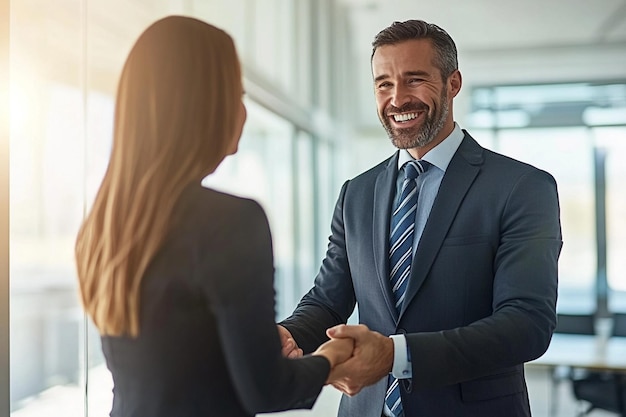 A smiling businessman shaking hands with a client