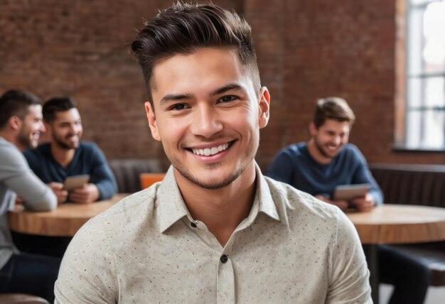 A smiling businessman in a speckled shirt sits in a busy office his expression is approachable and