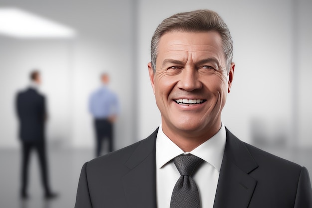 Smiling businessman standing in blur background of office generative AI