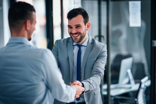 Photo smiling businessman standing greeting partner with handshake