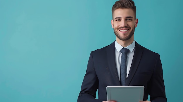 Smiling businessman in a suit holding a tablet