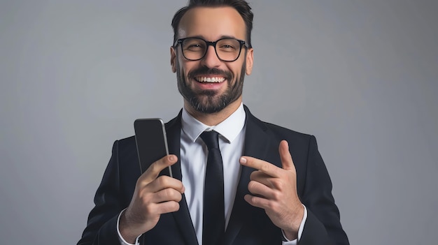 A smiling businessman in a suit and tie points to a smartphone in his hand