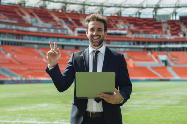 Photo smiling businessman with laptop giving thumbs up at a soccer stadium