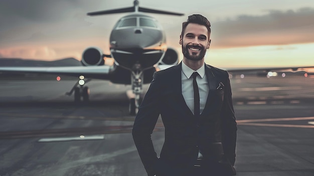 Photo smiling businessman with private plane on background