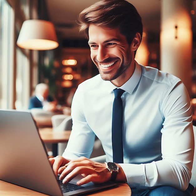 Smiling Businessman Working on a Laptop in a Restaurant