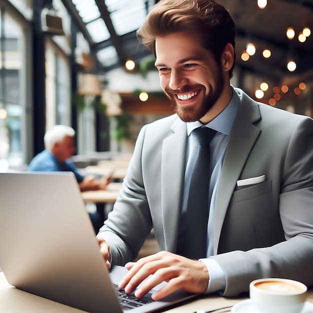 Smiling Businessman Working on a Laptop in a Restaurant