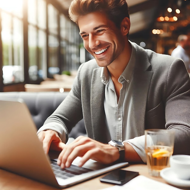 Photo smiling businessman working on a laptop in a restaurant