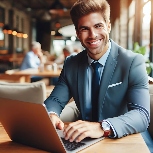 Smiling Businessman Working on a Laptop in a Restaurant