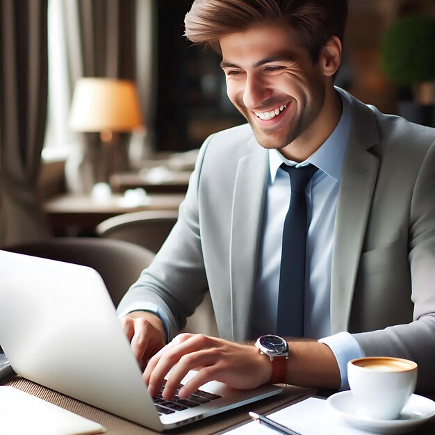 Photo smiling businessman working on a laptop in a restaurant