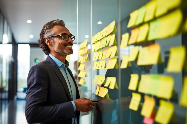 Photo smiling businessman writing on adhesive notes at office