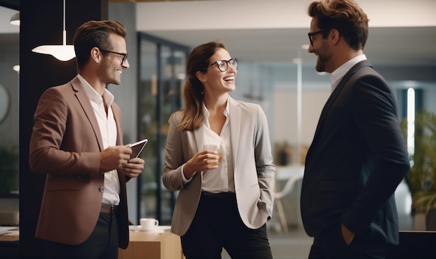 Smiling Businesspeople Discuss Developing Business With Client In Office Space Generative AI