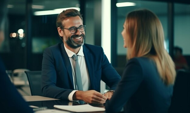 Smiling Businesspeople Discuss Developing Business With Client In Office Space Generative AI