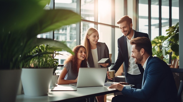 Smiling businesspeople having a discussion while