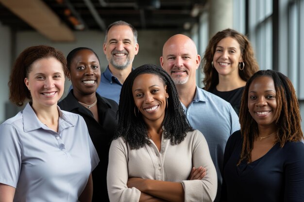 Smiling businesspeople standing in an office with arms crossed Multiethnic team