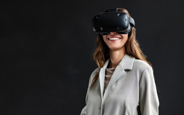 Smiling businesswoman in casual wear dons a VR helmet