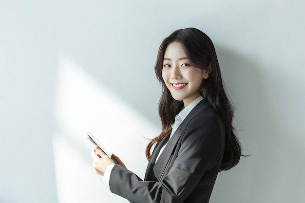 Smiling Businesswoman Holding Tablet Exuding Confidence and Professionalism in Corporate Office