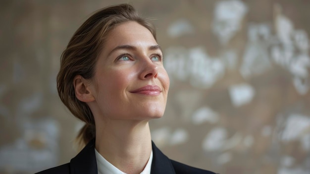 Smiling businesswoman looking up while working with a hopeful expression