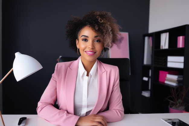 Smiling Businesswoman at Office Desk in Pop Colorism Style AI Generated