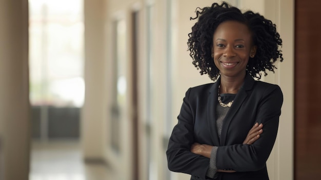 Smiling businesswoman in office hallway emanating positivity