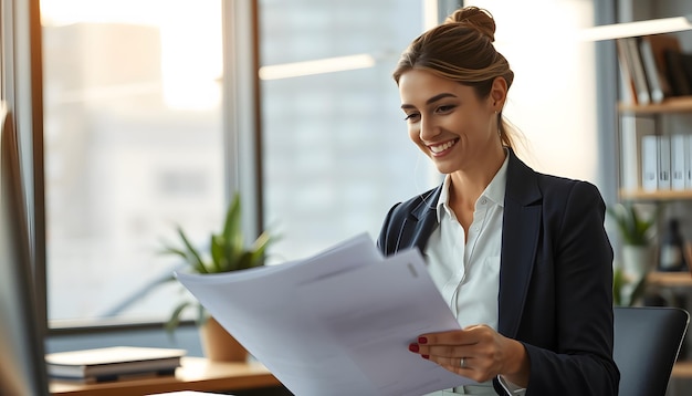 Photo smiling businesswoman reviewing documents in evening office closeup it manager isolated with white