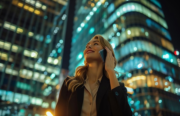 Smiling businesswoman talks on phone by skyscraper at night in suit blouse and shirt