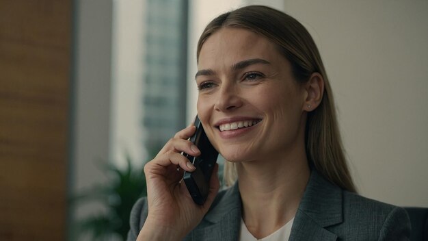 Photo smiling businesswoman using smartphone to call client