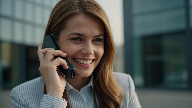 Smiling Businesswoman Using Smartphone to Call Client