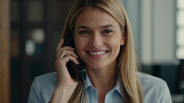 Photo smiling businesswoman using smartphone to call client