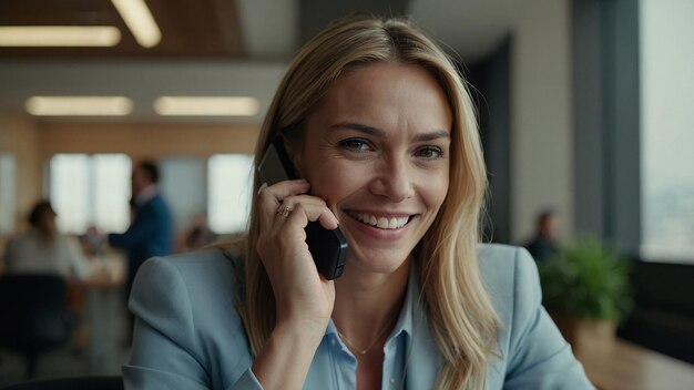 Photo smiling businesswoman using smartphone to call client