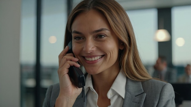 Smiling Businesswoman Using Smartphone to Call Client