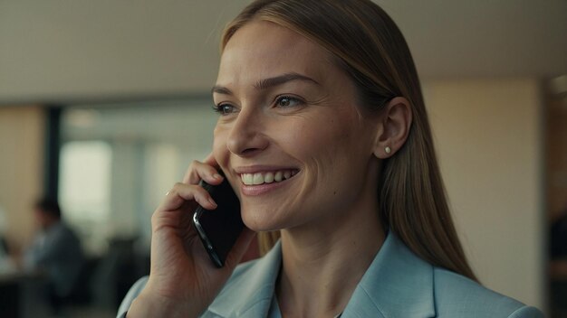 Photo smiling businesswoman using smartphone to call client