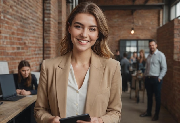 Smiling businesswoman using a tablet in an office environment professional and techsavvy