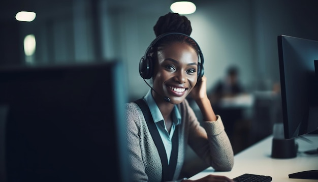 Smiling businesswoman using technology headset and computer indoors at office generated by AI