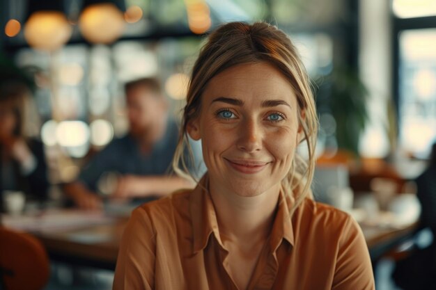 Photo smiling businesswoman working in an office with colleagues in the background