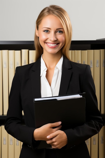 A smiling businesswomans full picture with a file