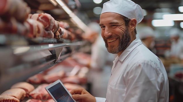 Smiling butcher using tablet in busy meat department