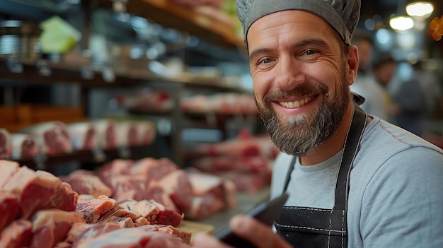 Smiling butcher working in a meat market