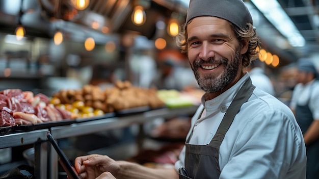 Smiling butcher working at a meat market