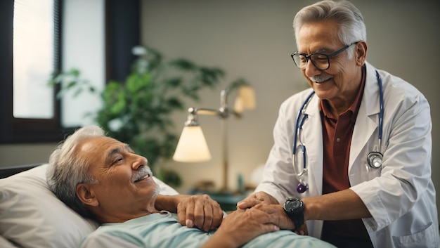 Smiling caring doctor supporting putting hand on shoulder of patient lying on bed